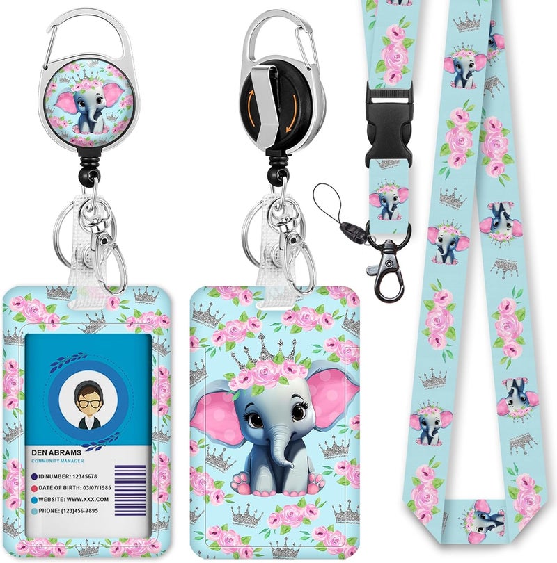 GIANCOMICS Cute Flower Elephant ID Badge Holder with Lanyard, Lanyards for ID Badges with Badge Reel Retractable Heavy Duty, Lanyard with ID Holder Keychain Clip ID Card Holder Teacher Women Work - Image 1